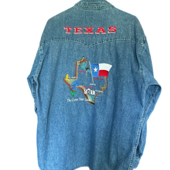 Jensen Smith Other - Jensen Smith Shirt Men’s L Denim Embroidery Long Sleeve Pearl Snap Texas Cities